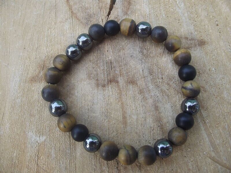 Bracelet homme oeil de tigre, hématite et onyx