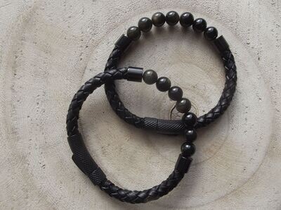 Bracelet cuir obsidienne dorée