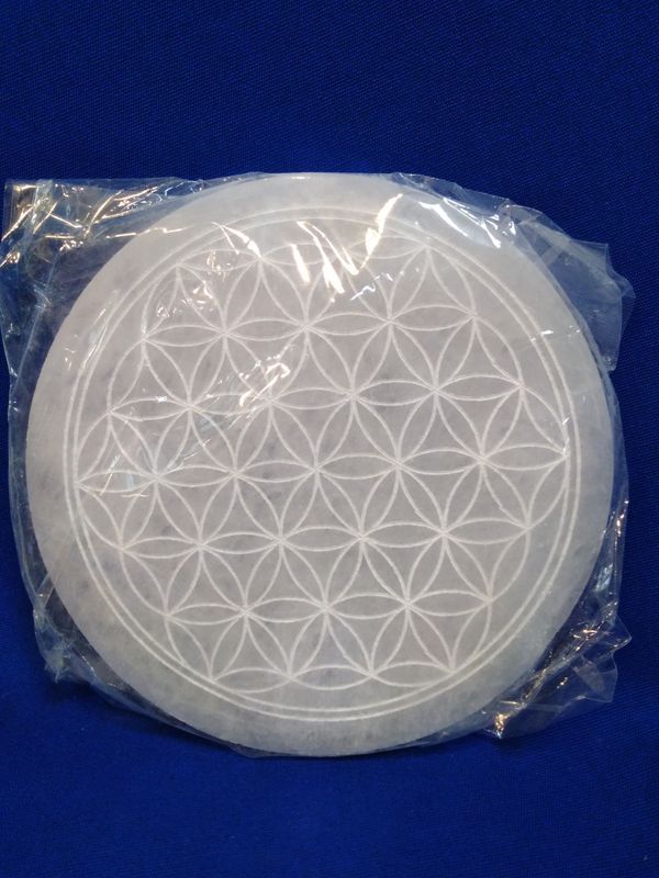 Disque de sélénite gravée fleur de vie 15 cm