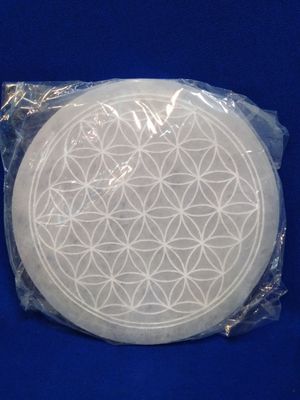Disque de sélénite gravée fleur de vie 15 cm