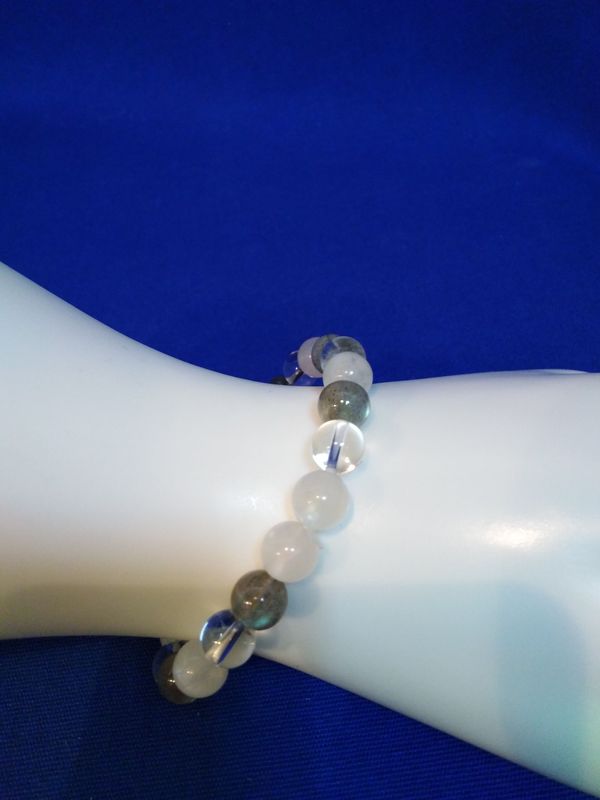 Bracelet labradorite blanche, labradorite et cristal de roche