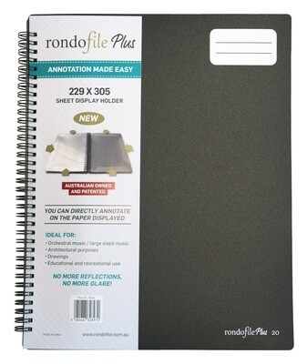 Rondofile Plus 20 Black Cover (20 sheets) - larger than A4 to fit original music. Can also secure A4 sheets comfortably as well.