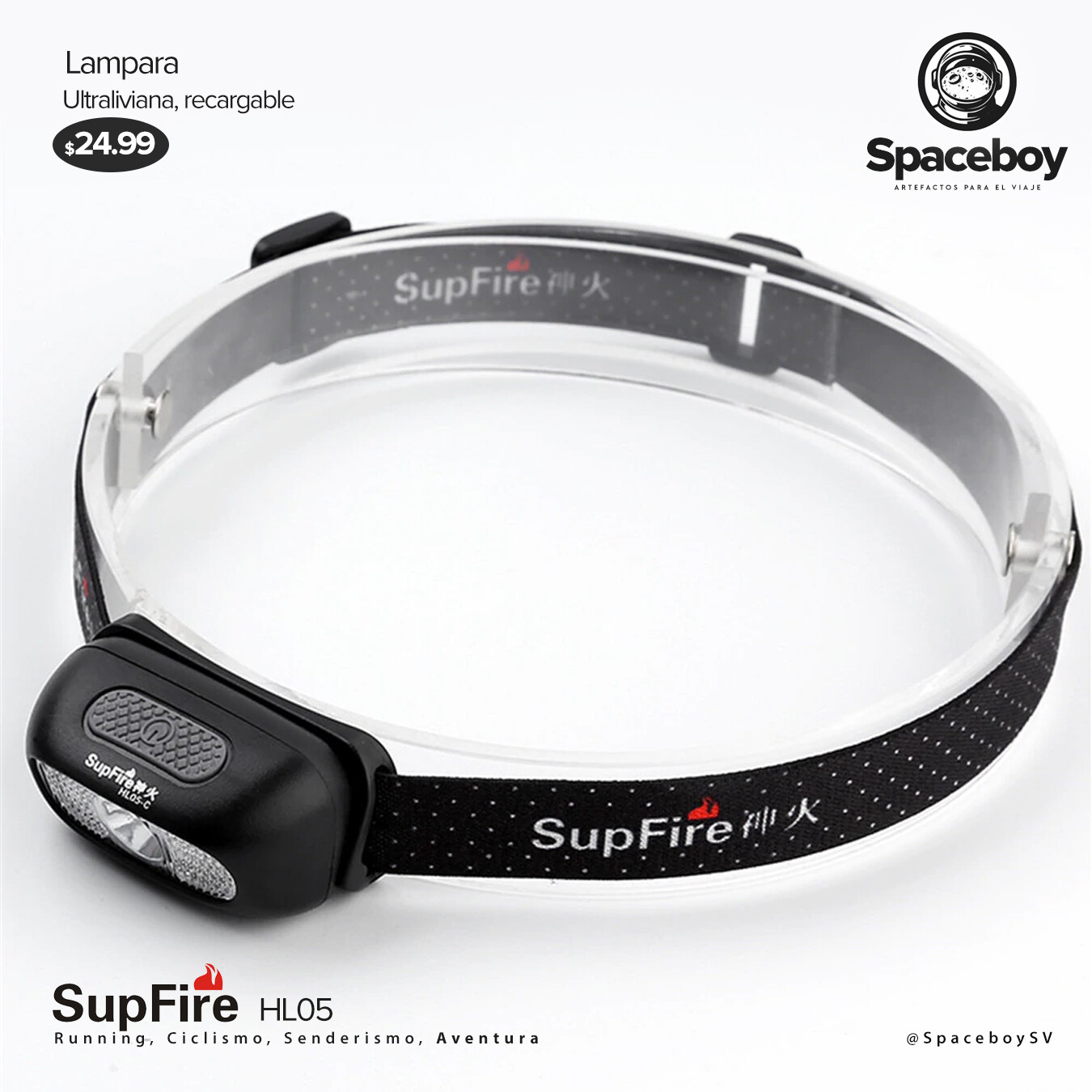 Supfire LED HL05, ultraliviana, impermeable, recargable vía USB.