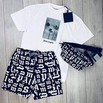 Handsome Irregular Slogan Print Short Sleeve Plaid Shorts Set