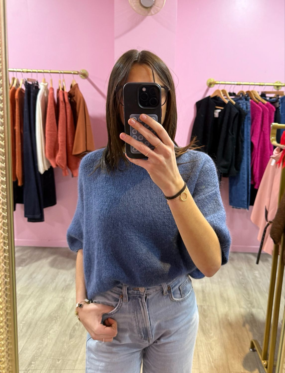 Pull Manche Bouffante Bleu Ardoise 