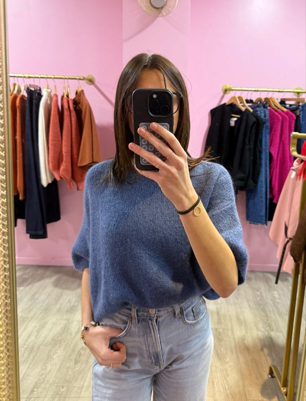 Pull Manche Bouffante Bleu Ardoise 
