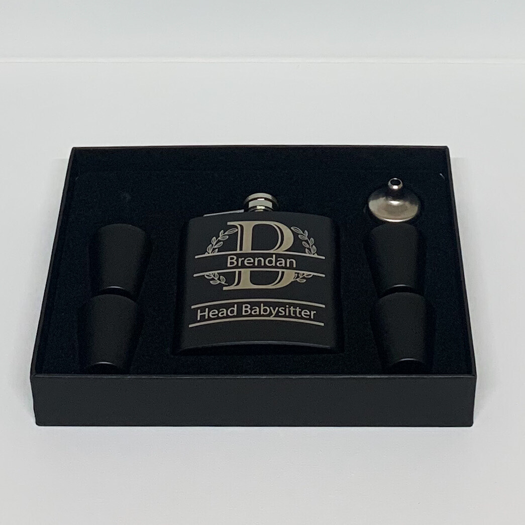 6oz Stainless Steel Hip Flask Set with Shot Glasses - Laser Engraved