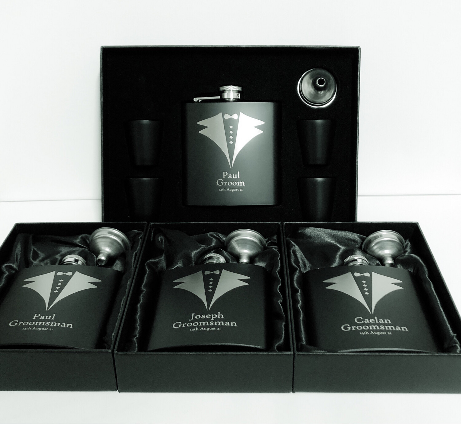 6oz Stainless Steel Hip Flask Set with Shot Glasses - Laser Engraved