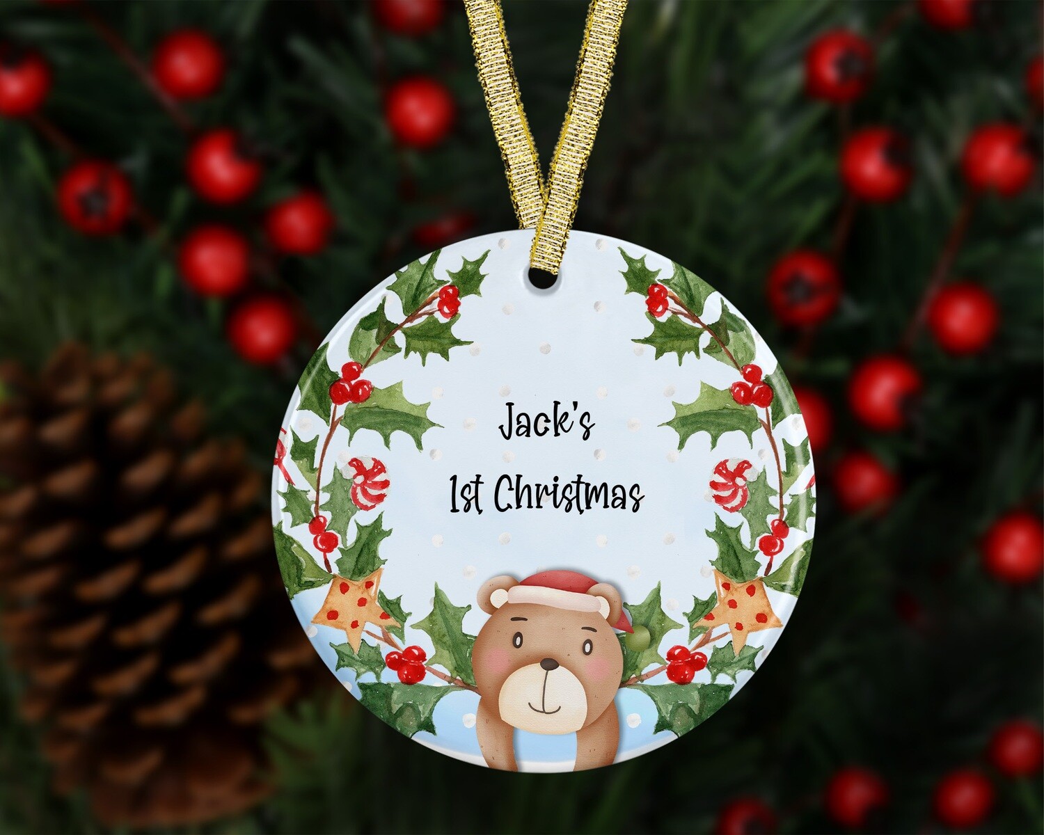 Christmas Bear Wreath - Ceramic Tree Decoration