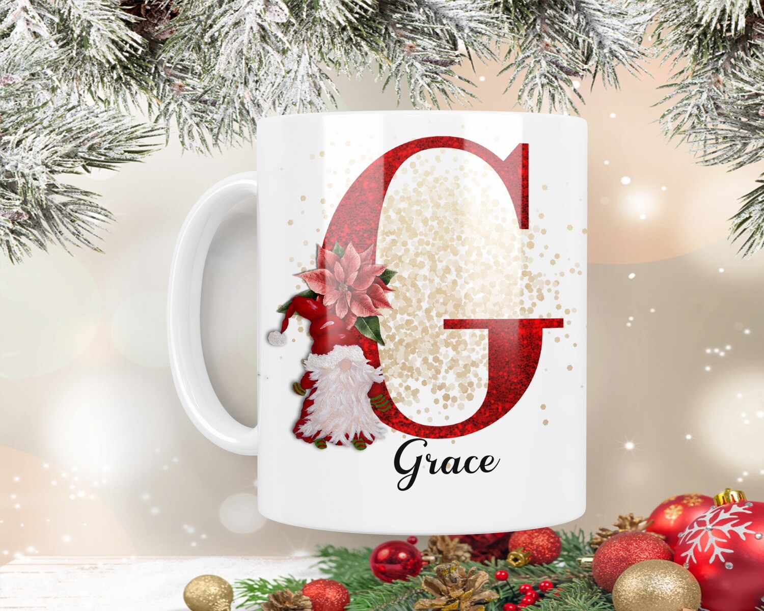 Red Glitter Gnome Alphabet - 10oz Mug