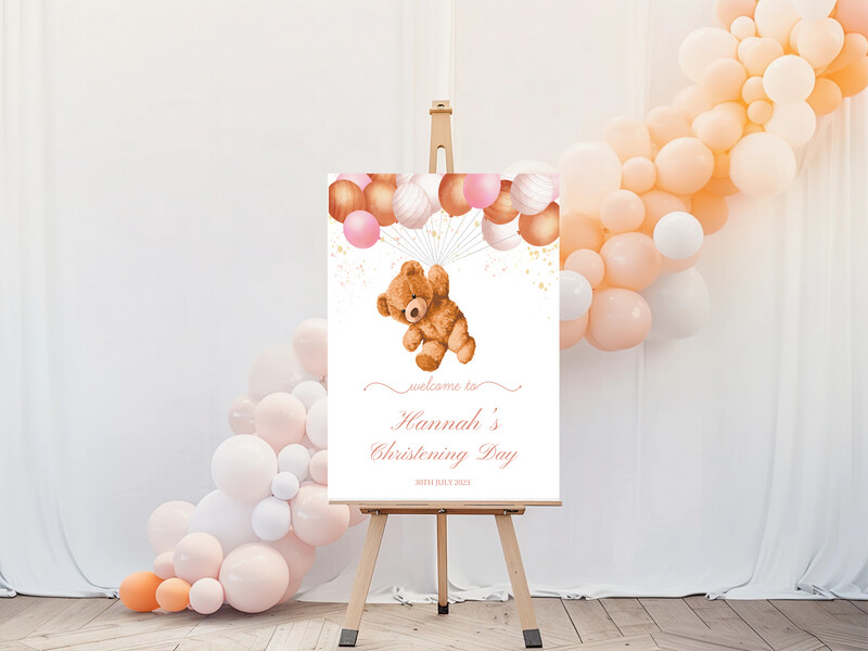 Teddy Bear Pink - Christening Welcome Sign