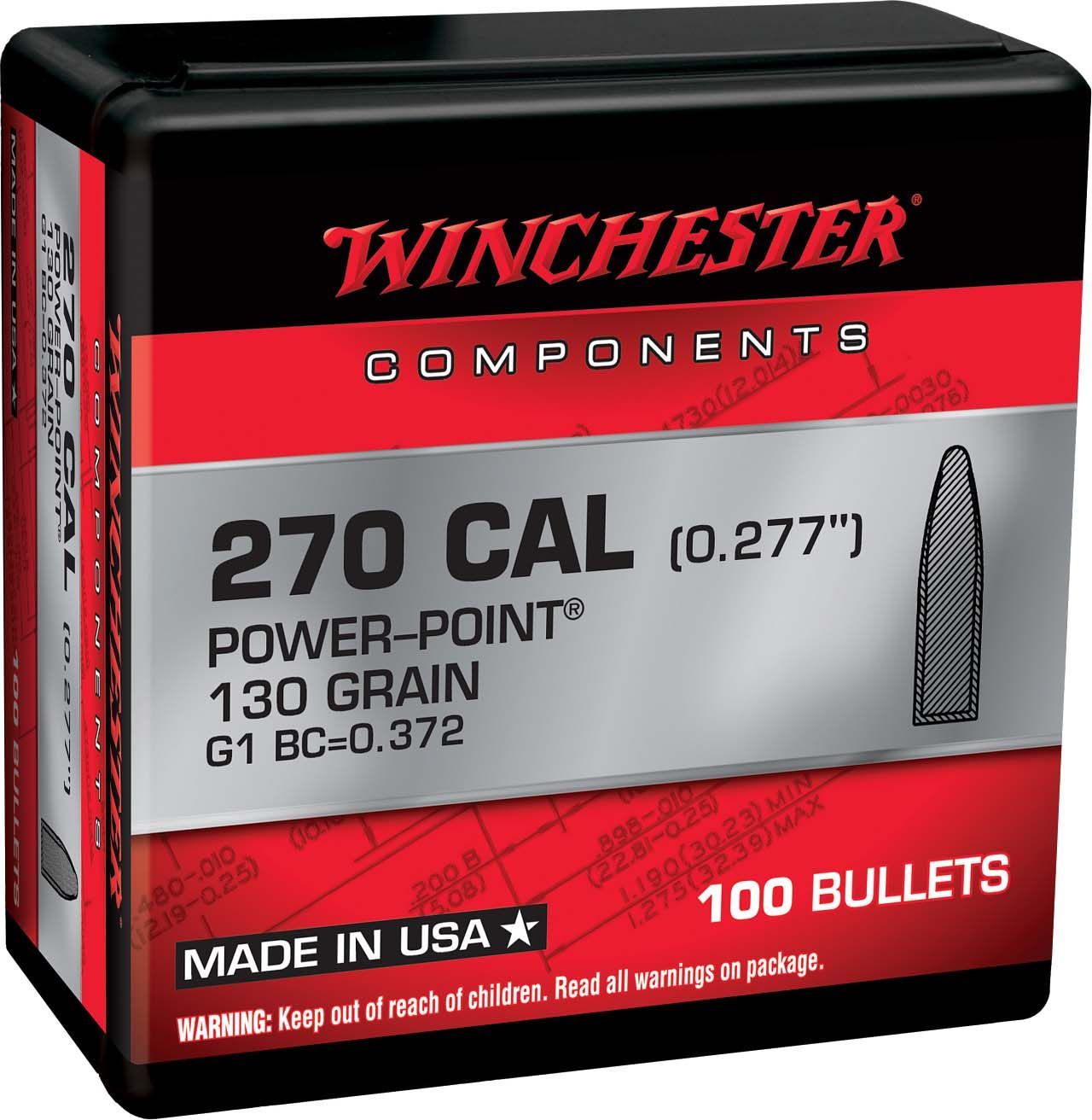 Winchester 270 Cal 130gr Power Point Bullets (100)