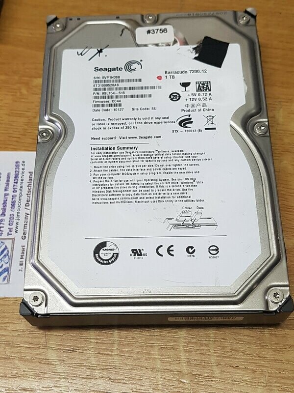 1000 GB Festplatte Seagate Barracuda 12 ST31000528AS 7200RPM 3,5 1000 GB Festplatte Seagate Barracuda 12 ST31000528AS 7200RPM 3,5" SATA #3756