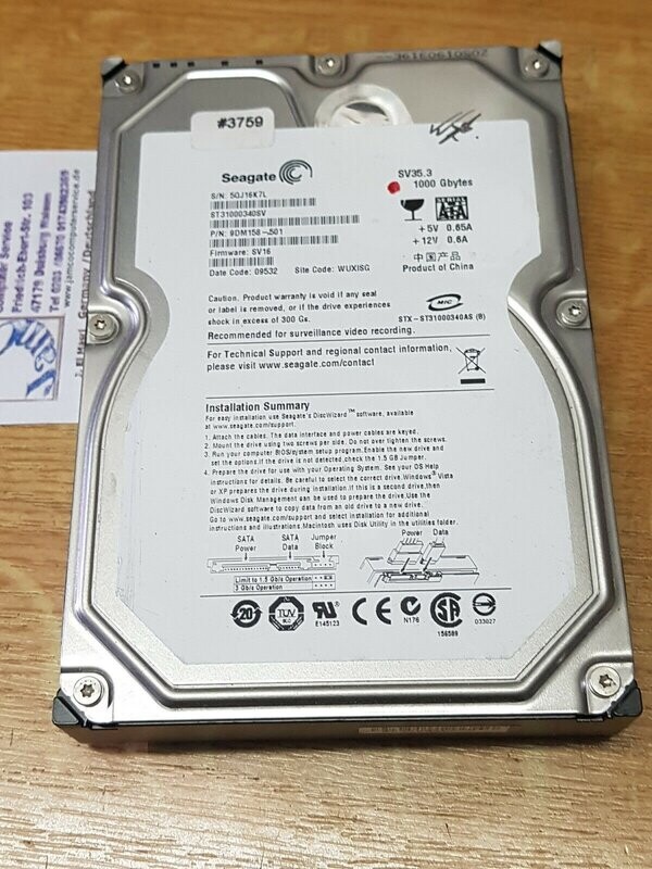 1000 GB Festplatte Seagate ST31000340SV 7200RPM 3,5 1000 GB Festplatte Seagate ST31000340SV 7200RPM 3,5" SATA #3759