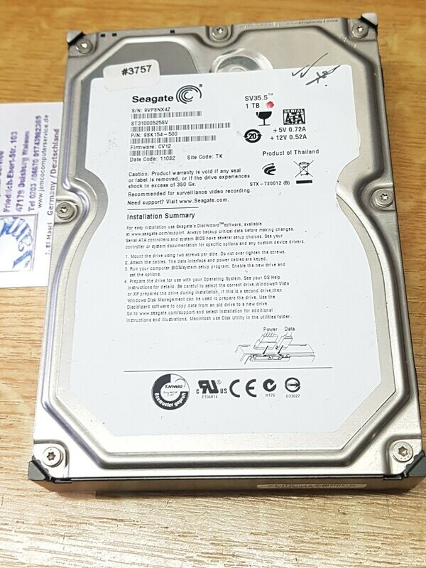 1000 GB Festplatte Seagate ST31000525SV 7200RPM 3,5 1000 GB Festplatte Seagate ST31000525SV 7200RPM 3,5" SATA #3757
