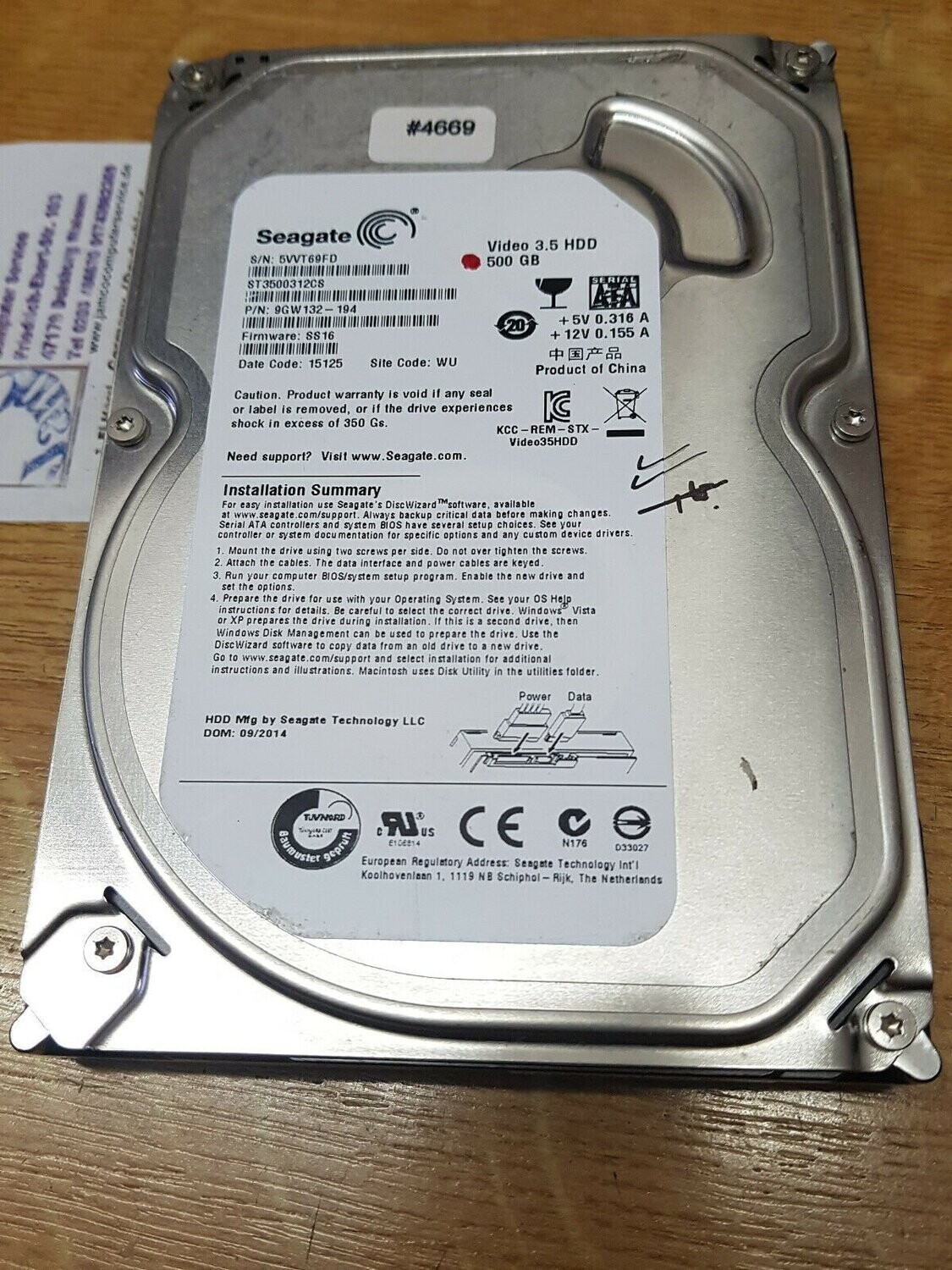 500 GB Festplatte 3,5" Seagate ST3500312CS Video FW SS16 D. Code 12125 #4669