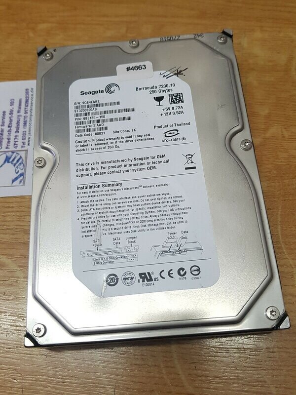 250 GB Festplatte Seagate Barracuda 10 7200RPM 3,5 250 GB Festplatte Seagate Barracuda 10 7200RPM 3,5" SATA #4663