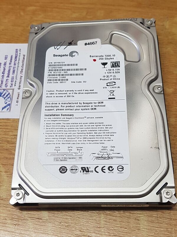 250 GB HDD Seagate St3250310AS P/N 9EU132-505 FW 3.AAB Date Code 08517 #4667 250 GB HDD Seagate St3250310AS P/N 9EU132-505 FW 3.AAB Date Code 08517 #4667