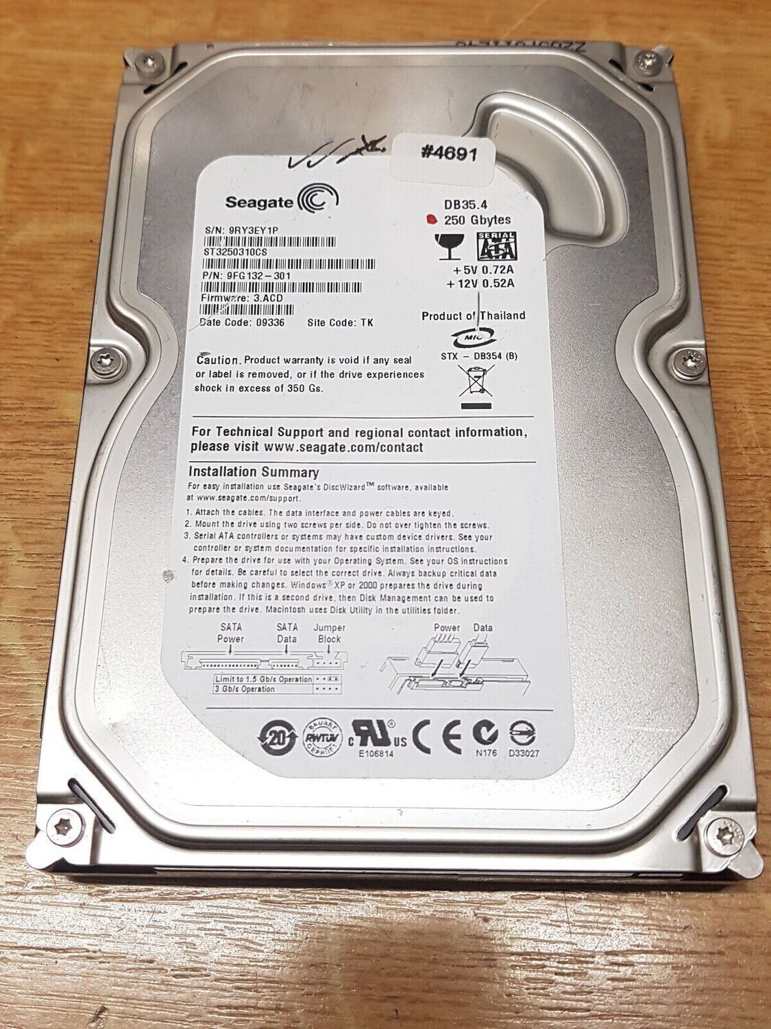 250 GB HDD Seagate St3250310CS P/N 9FG132-301 FW 3.ACD Date Code 09336 #4691