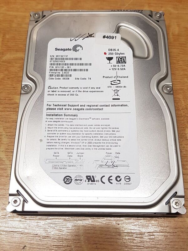 250 GB HDD Seagate St3250310CS P/N 9FG132-301 FW 3.ACD Date Code 09336 #4691 250 GB HDD Seagate St3250310CS P/N 9FG132-301 FW 3.ACD Date Code 09336 #4691