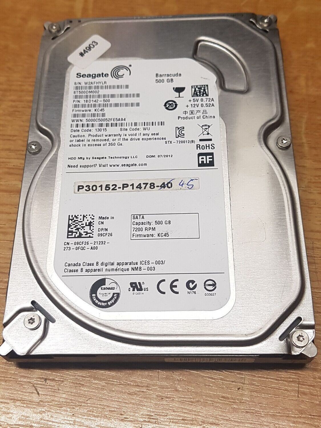 500 GB Festplatte 3,5" Seagate ST3500DM002 Barracuda FW KC45 D. Code 13015 #4903
