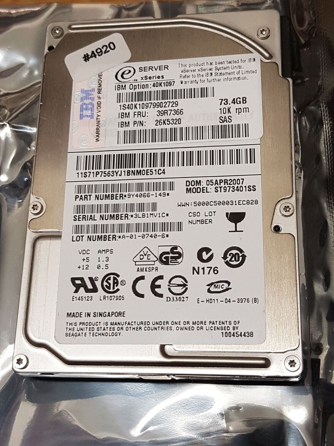 73 GB 2,5" HD ST973401SS 10K rpm SAS IBM eServer FRU 39R7366 PN 26K5320 #4920