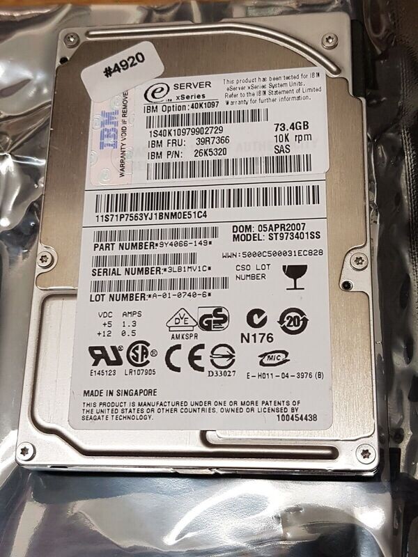 73 GB 2,5 73 GB 2,5" HD ST973401SS 10K rpm SAS IBM eServer FRU 39R7366 PN 26K5320 #4920
