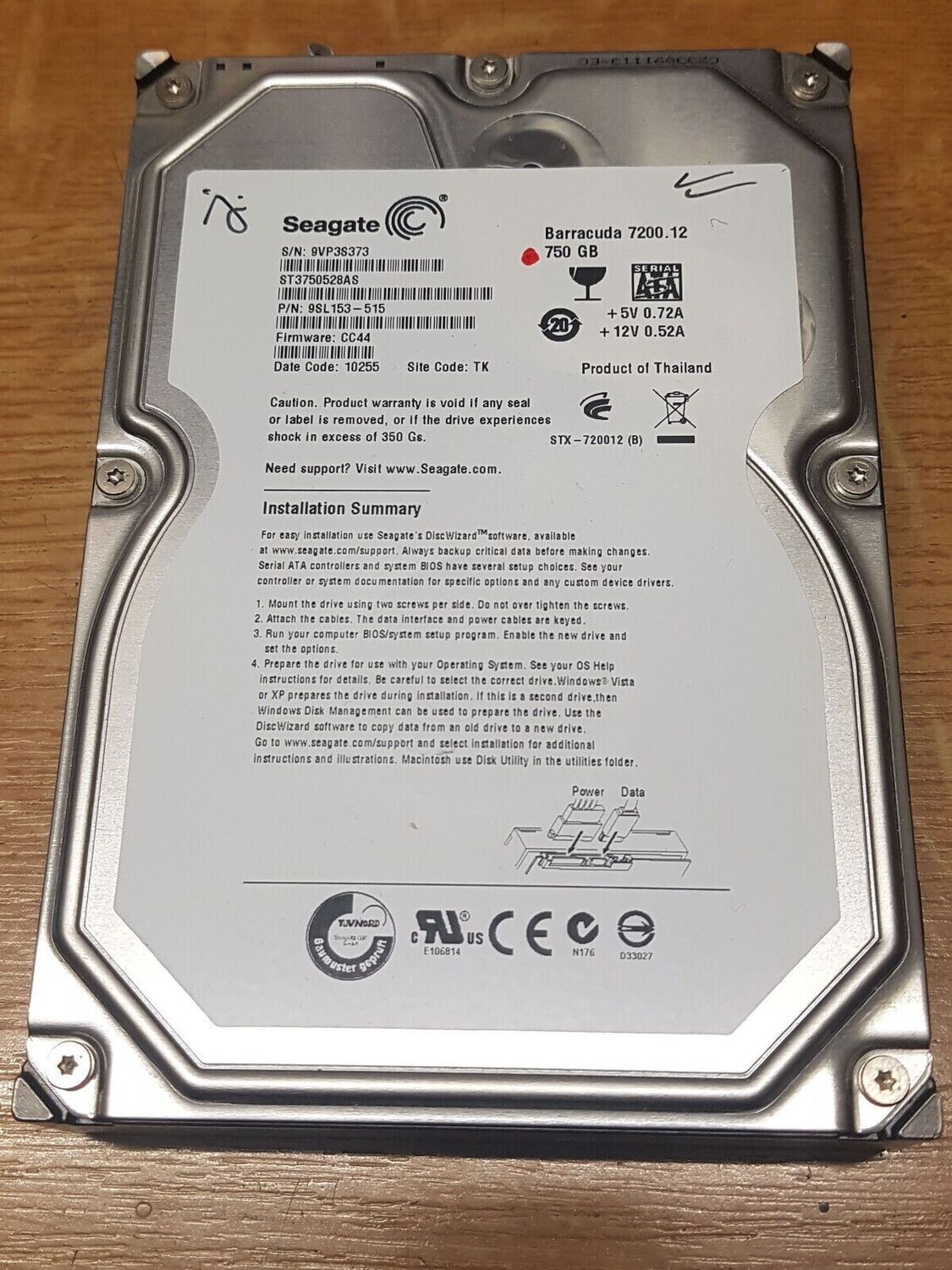 750 GB Festplatte 3,5" Seagate ST3750528AS Barracuda FW CC44 D. Code 10255 #4905