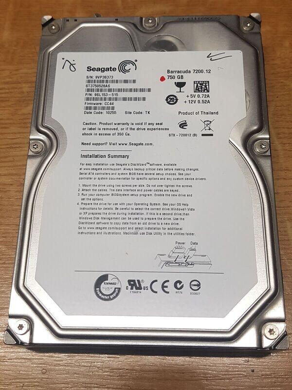 750 GB Festplatte 3,5 750 GB Festplatte 3,5" Seagate ST3750528AS Barracuda FW CC44 D. Code 10255 #4905