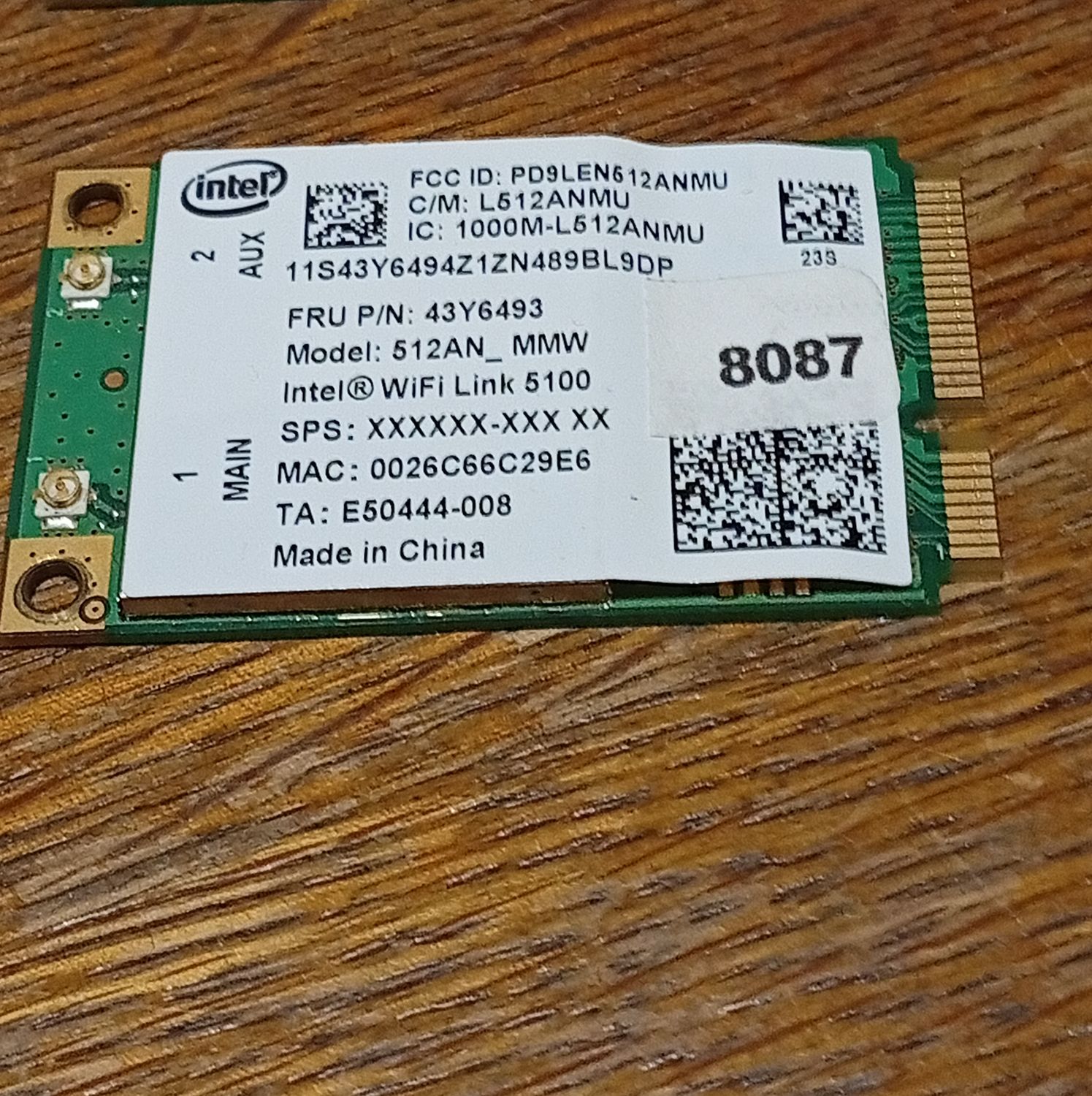 WLAN Card Intel WiFI Link 5100 / 512AN_MMW FRU 43Y6493    #8087