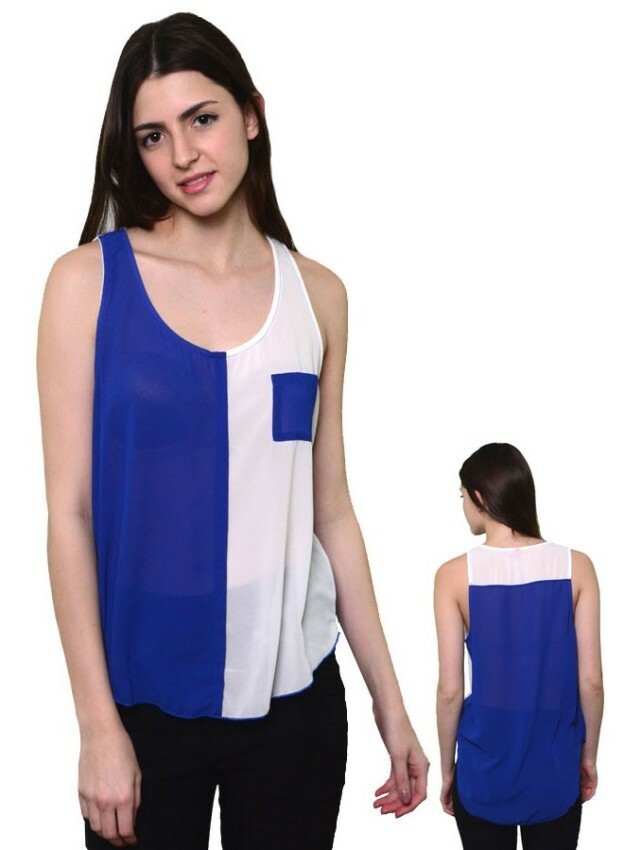 E-Caress Sleeveless Hi-Low Top Blue/White