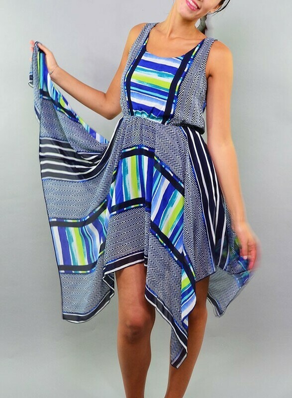 E-Caress Sleeveless Chiffon Fly Away Maxi Dress BLUE/NEON GREEN