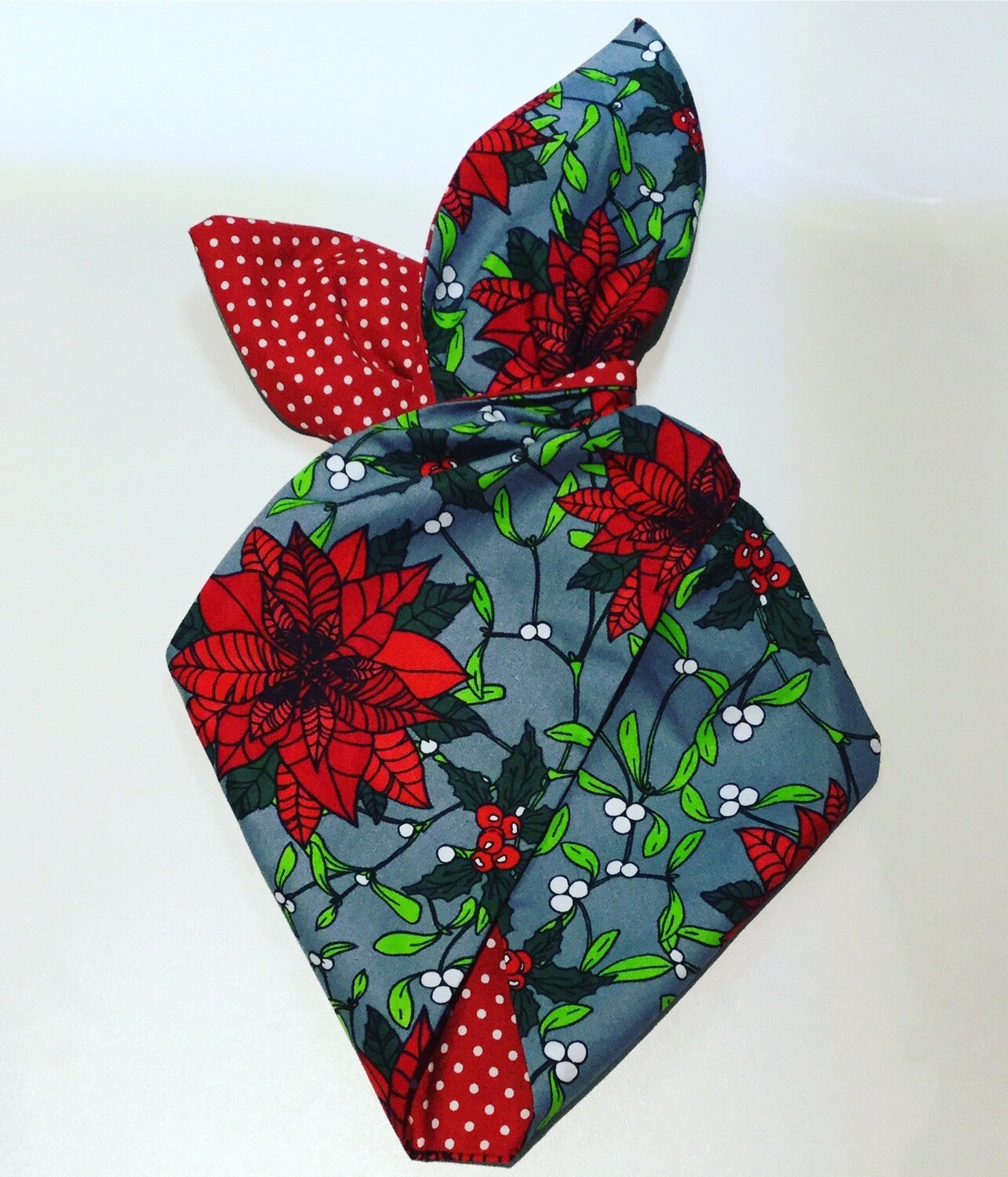 Grey Mistletoe And Poinsettia Wired Hairband With Red Polka Dot