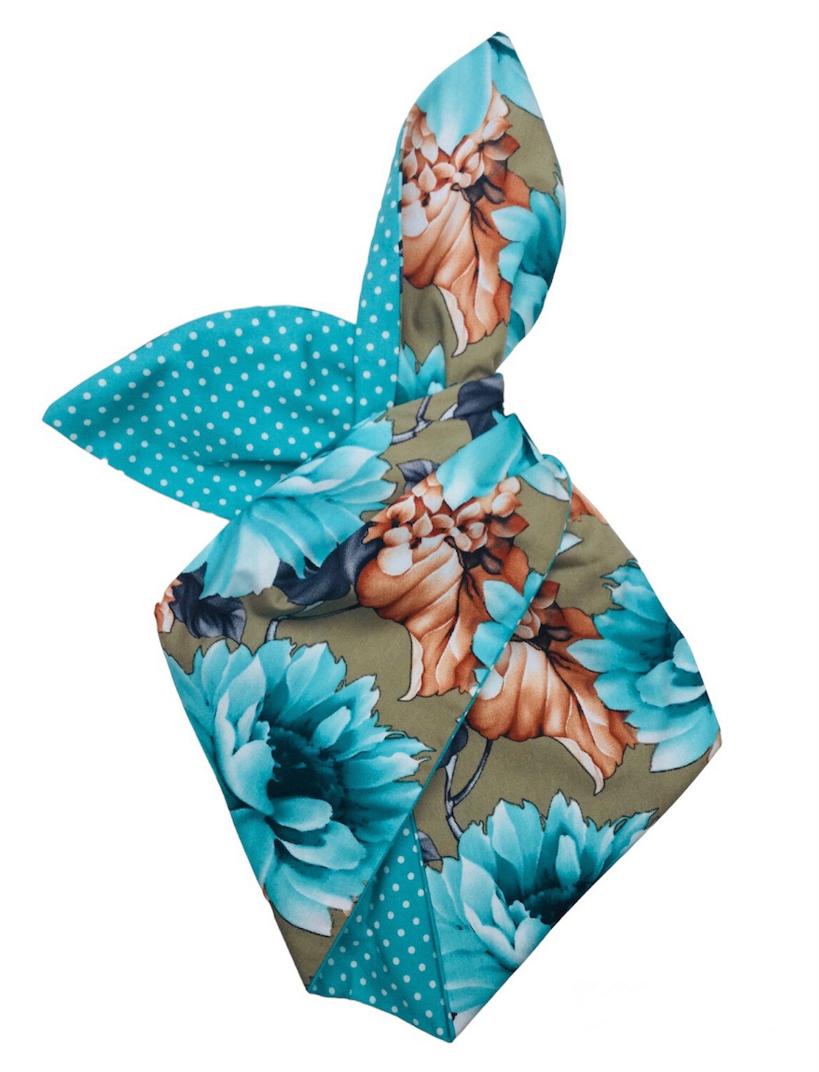 Large Turquoise Bloom On Taupe With Turq Polka Wired Hairband