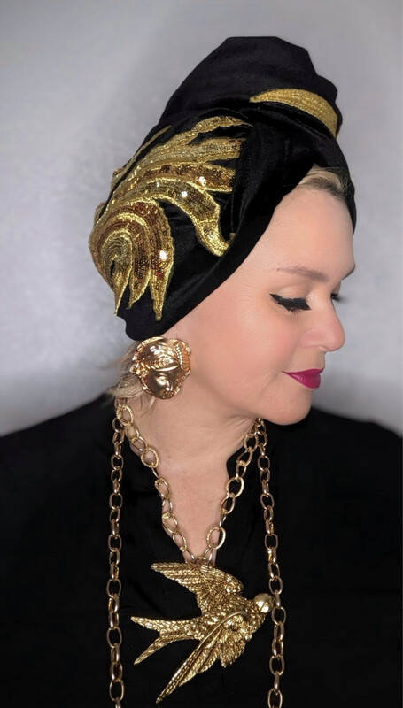 Gold And Black Sequin Turban