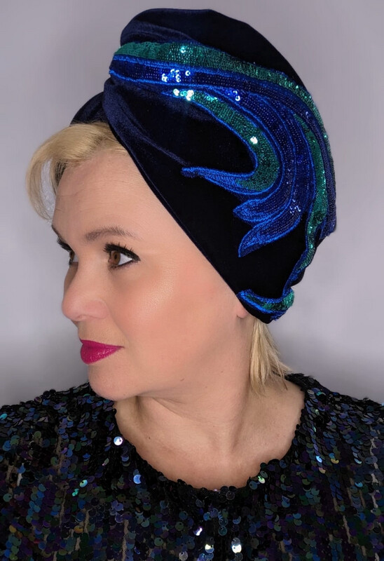 Navy Velvet And Sequin Turban