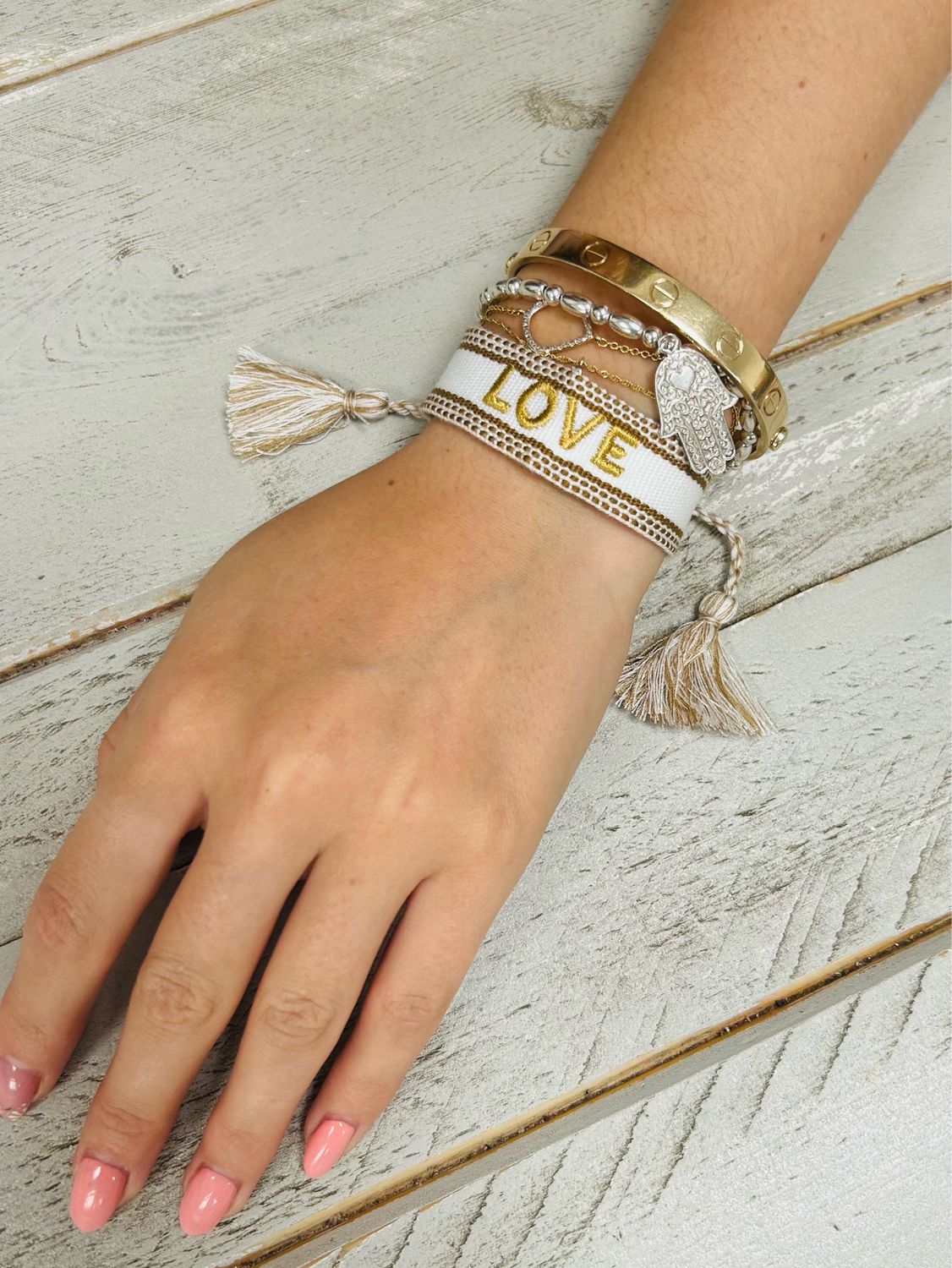 White And Gold LOVE woven Tassel Bracelet