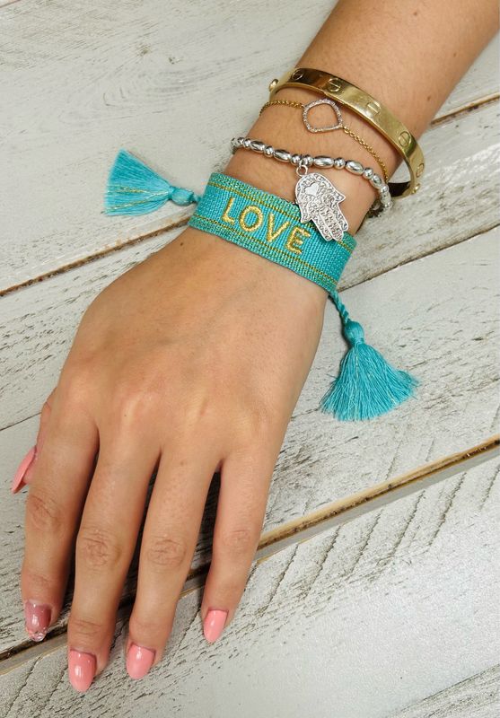 Turquoise And Gold Woven LOVE Tassel Bracelet