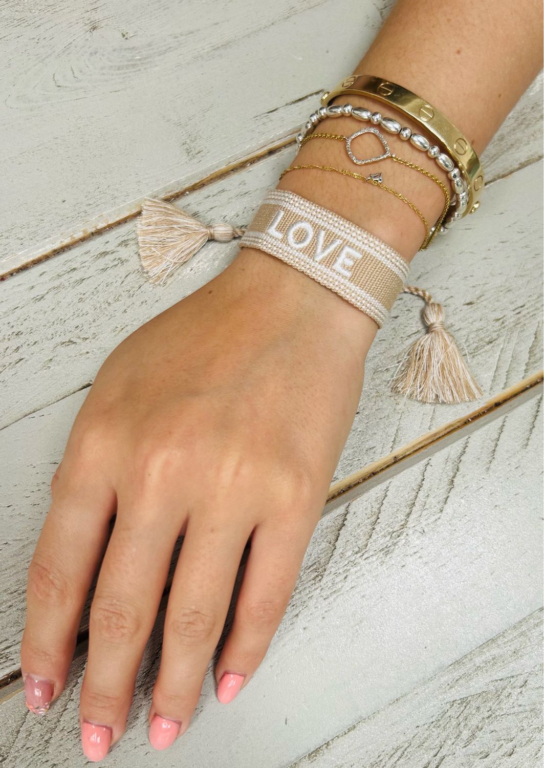 Beige LOVE woven Tassel Bracelet