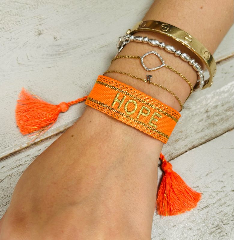 Orange And Gold Woven HOPE Tassel Bracelet