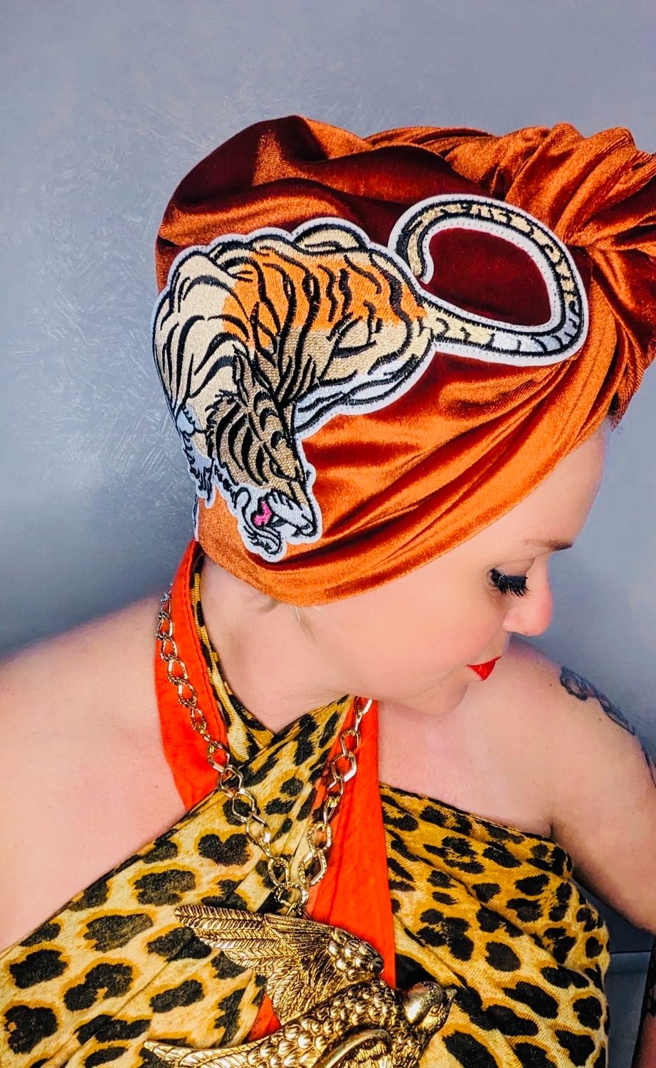 Rust Tiger Velvet Turban