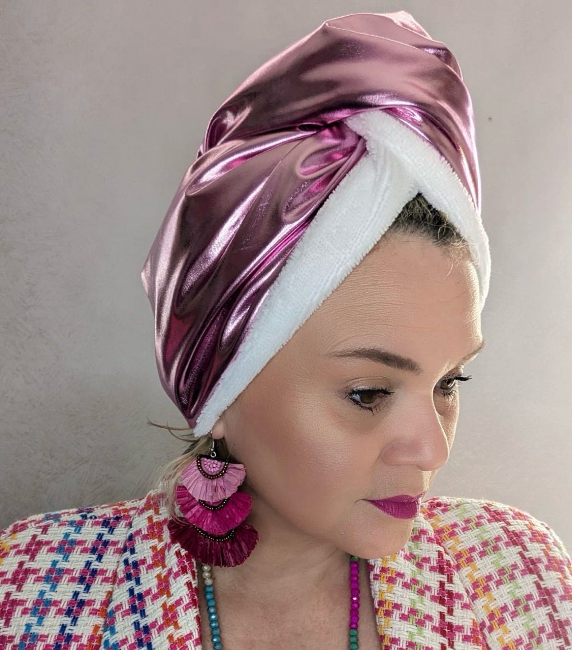Pink Metallic Towelling Turban