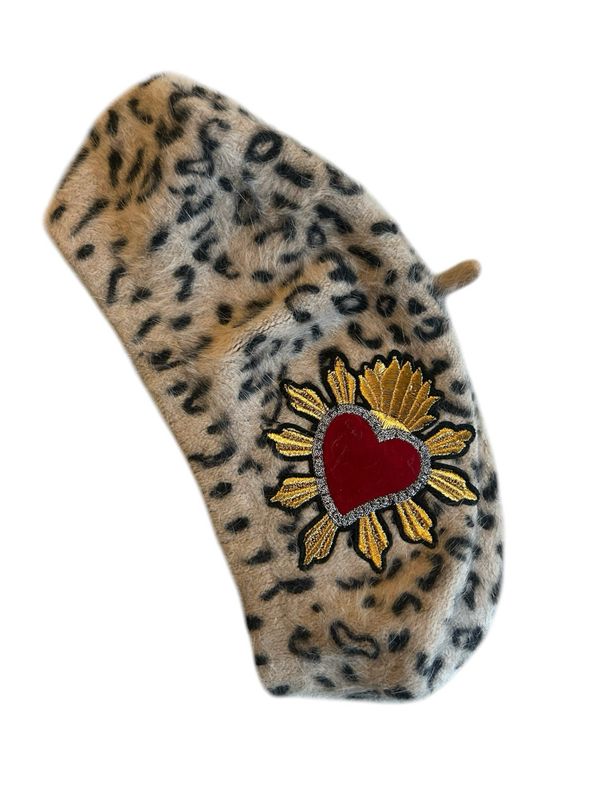 Beige Leopard Beret With Sacred Heart