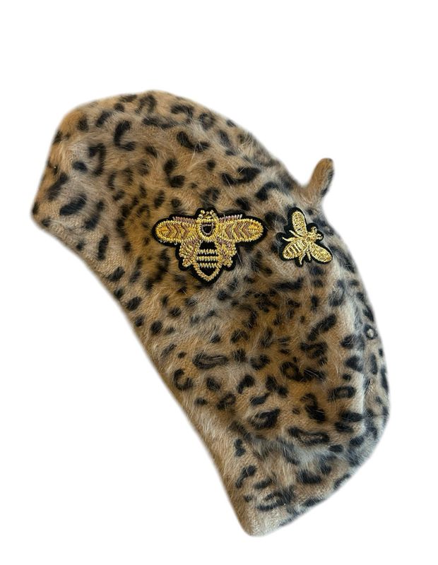 Beige Leopard Beret With Bumble Bees