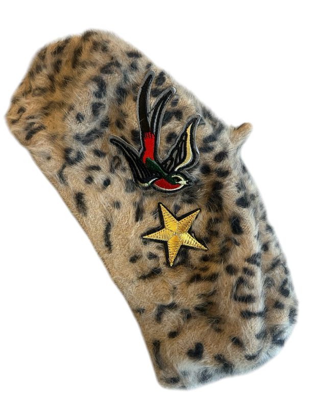 Beige Leopard And Swallow Beret