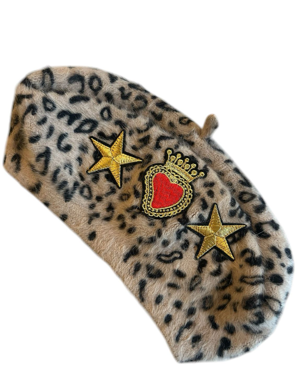 Beige Leopard , Sacred Heart And Stars Beret