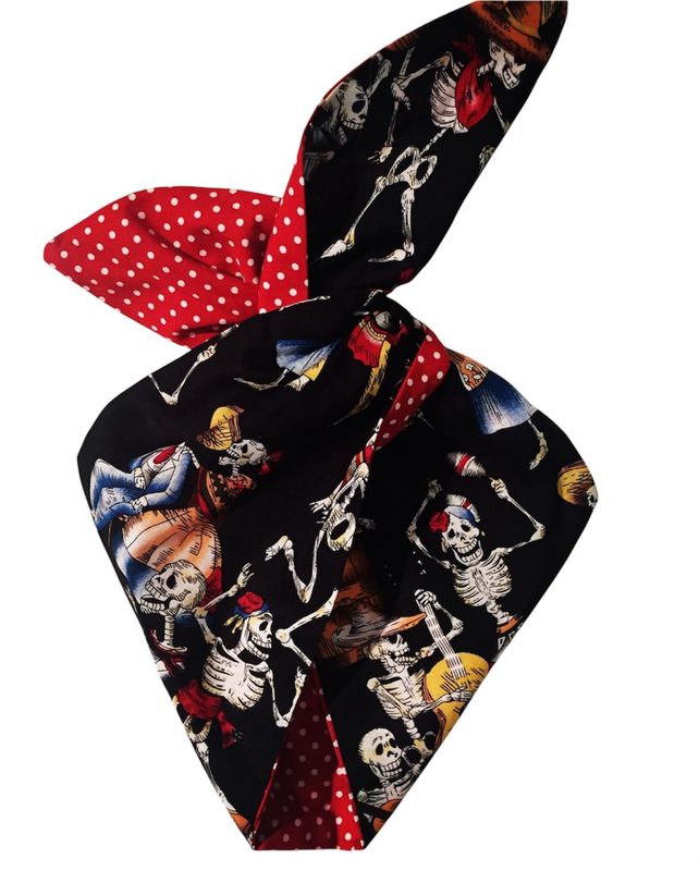 Day of the dead dancing skeletons with red polka wired hairband