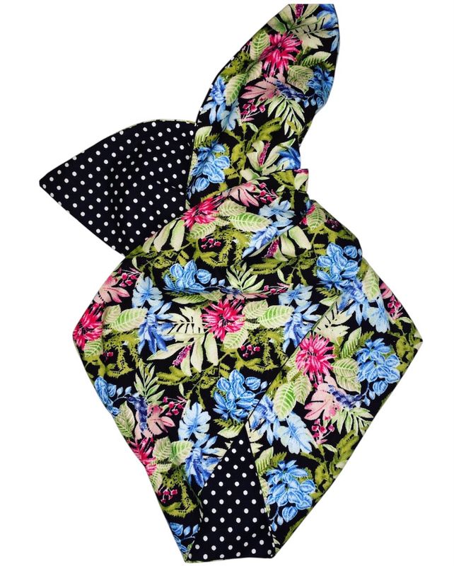 Black Floral With Black  Polka Wired Hairband 