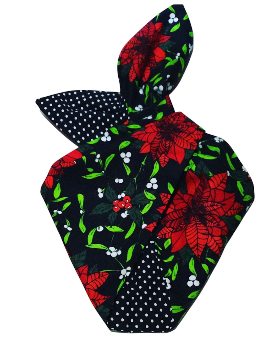 Black Mistletoe And Poinsettia Wired Hairband With Black Polka Dot