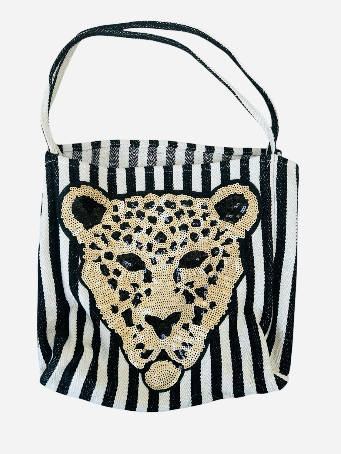 Canvas Blk And Wht Stripe Leopard Motif Beach / Shopping Tote